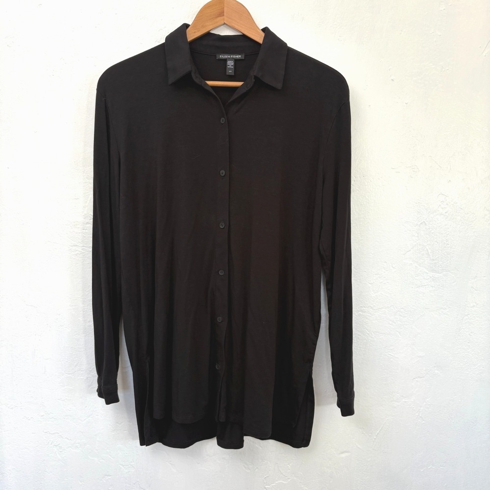 Eileen Fisher Button Up Shirt Top Women Sz Small Black Long Sleeve Tencel Blend